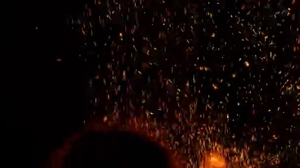 Closeup Fire Sparkles Bonfire Night Rear View Girl Head — Vídeos de Stock