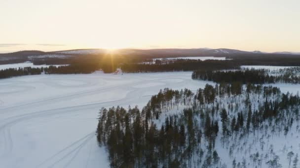 Aerial View Idyllic Snow Covered Norrbotten Sweden Lapland Wooded Polar — Vídeo de Stock