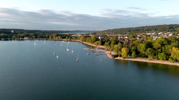 Aerial View Flying Drone Town Herrsching Ammersee Lake Luxurious Residential — Stok video