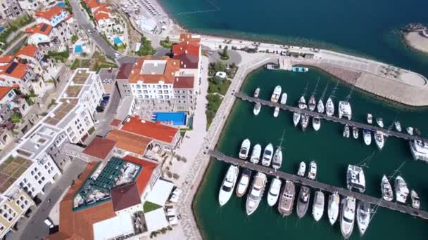 Lustica Bay Montenegro Drone Aerial View Resort Buildings Streets Marina — Stockvideo