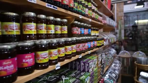 Variety Bafra Jars Shelfs Shop Nicosia Close Dolly — стоковое видео