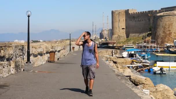 Male Tourist Walking Camera Smiling Marina Path Girne Castile Nicosia — 图库视频影像