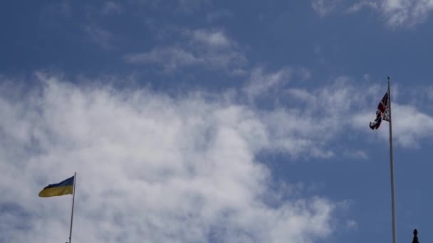 Two Countries Flags Waving Sky Sunny Day Clouds Passing Ukraine — Video