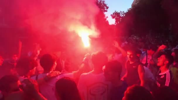 Passionate Real Madrid Fans Light Red Flares Gather Santiago Bernabeu — Vídeo de stock