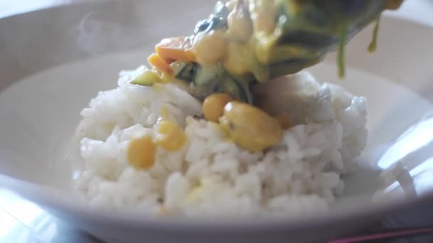 Freshly Cooked Healthy Veggies Chickpea Curry Topped White Rice Close — Stockvideo