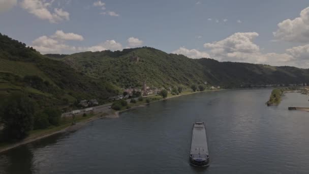 Drone Passing Ship Rhine River Mountains Bright Summer Evening — Stockvideo