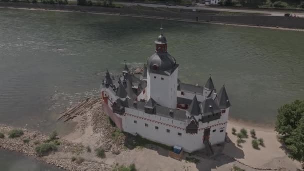 Zoom Out Shot Pfalzgrafenstein Castle Drone Rhine Valley Germany — Stockvideo
