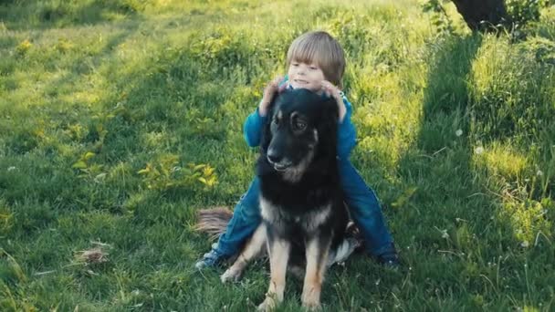 Солодкий Хлопець Кидає Великого Чорного Собаку Сільську Місцевість Серед Зелених — стокове відео