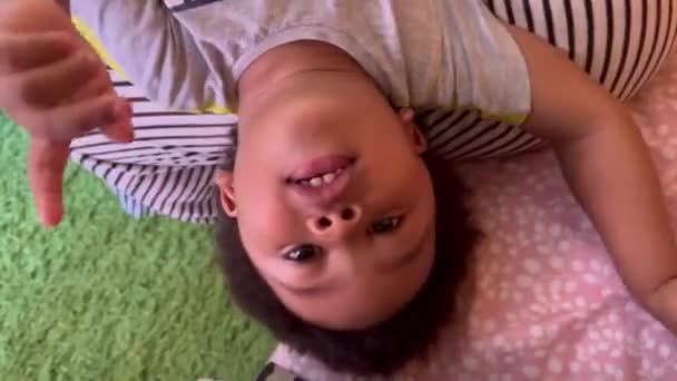 Exotic Adorable Lovely Two Year Old Afro European Child Playing — Stockvideo