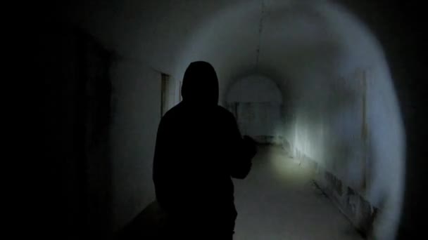 Visitor Enters Old Yugoslavian Deserted Military Bunker Island Vis Croatia — Stok Video