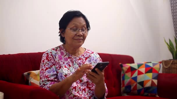 Elderly Asian Woman Talking Mobile Phone Video Call Sofa Home — Vídeo de Stock