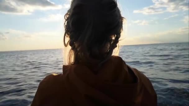 Young Woman Pedaling Inflatable Kayak Lake Water Slow Motion Sunset — Video