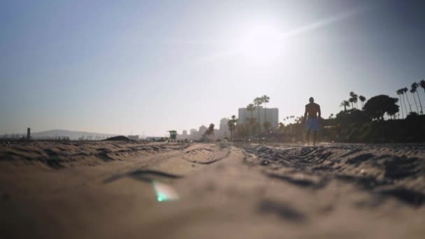 Static Shot Man Walking Sand Beach — Stok video