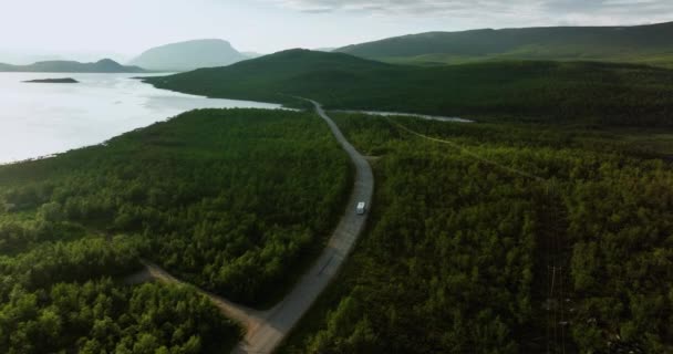 Aerial View Camper Van Driving Boreal Wilderness Summer Kilpisjarvi Finland — Stock video