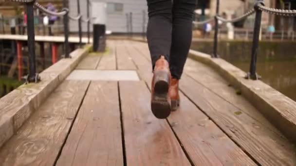 Shot Woman Leg Heels Walking Dock Bristol Passing Bridge — стоковое видео