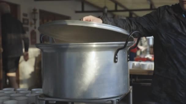 Slow Motion Shot Pot Soup Which Being Opened Person Who — 图库视频影像