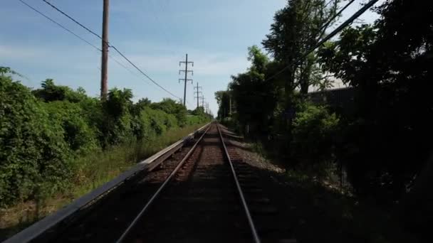 Low Angle View Looking Straight Train Tracks Green Trees Either — Stok video