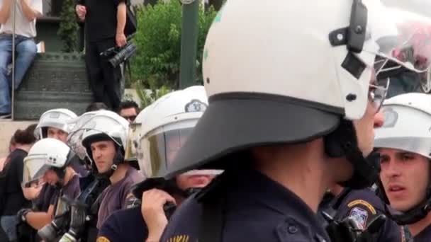 Greek Riot Police Wearing Helmets Gas Masks Stand Line Form — 图库视频影像
