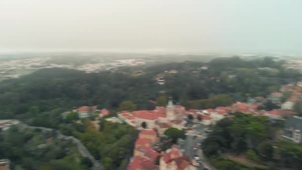 Drone Shot Old Multicolored Buildings Center City Sintra Tourists Visiting — Stockvideo