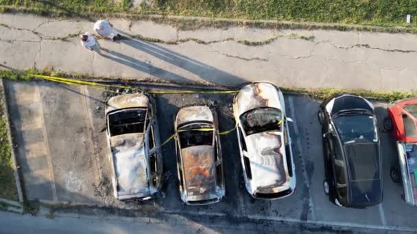Burned Cars Parking Aerial Overhead View — Stock video