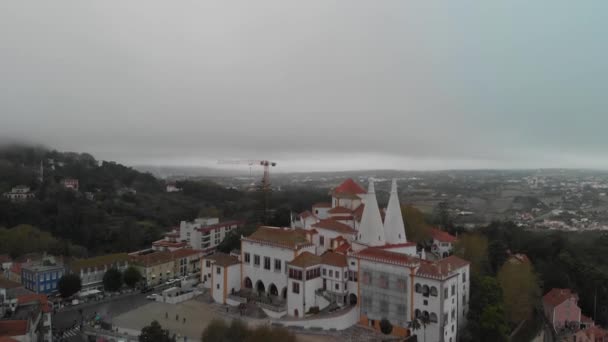 Aerial Shot Sintra City Cloudy Weather Stormy Weather Palace Downtown — Vídeos de Stock