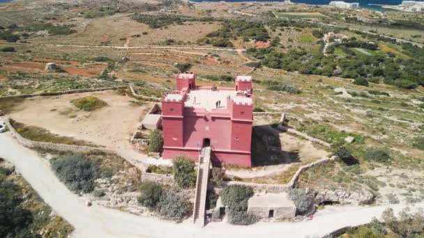 Aerial Shot Agatha Tower Malta Sunset Agatha Red Tower Beautiful — ストック動画