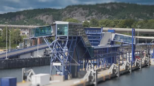 Passenger Terminal Kristiansand Port Busy Road Background Slow Motion Pan — Vídeos de Stock