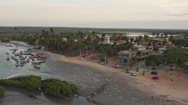 Drone Crane Motion Stranded Fishing Boats Brazilian Holiday Resort — Vídeos de Stock