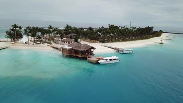 Drone Fpv Знімався Мальдівський Острівний Порт Тропічні Джунглі Посеред Океану — стокове відео