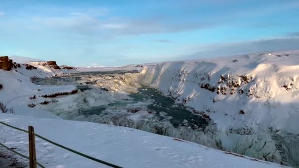 Dolly Forward Shot Showing Famous Gullfoss Waterfall Surrounded White Snowy — Stok video