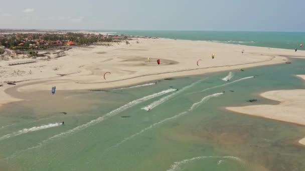 Several Kite Surfers Sail Play Together Isolated Pond Brazilian Beach — Stok video