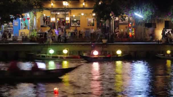 Timelapse Night View Boats Canoe Traffic River Floating Sailing Passing — 图库视频影像