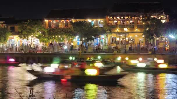 Timelapse Night View Boats Canoe Traffic River Illuminated Floating Sailing — стокове відео