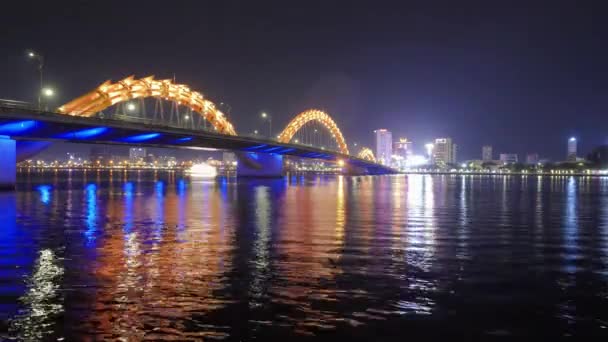 River Nang City Vietnam Night Timelapse Panoramic View Illuminated Dragon — Stock video