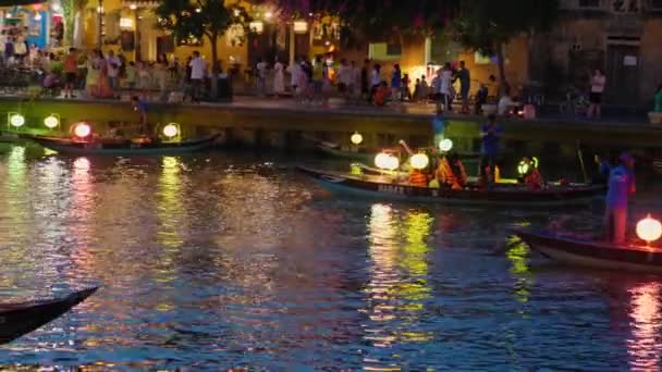 Fleet Lantern Lit Pagoda Canoe Boats Hoi Vietnam — 비디오