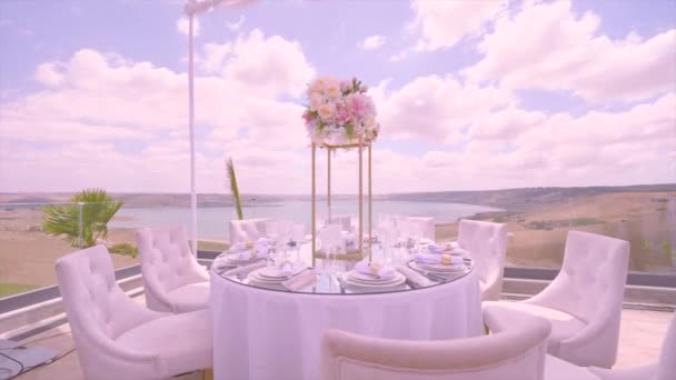 Beautifully Decorated Outdoor Wedding Party Table Dolly Forward — Stockvideo