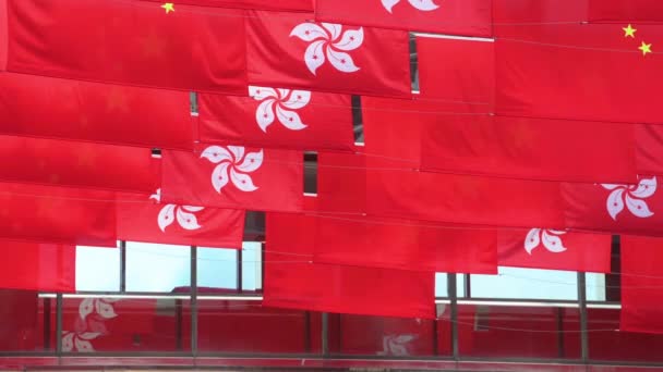 Commuters Walk Pedestrian Bridge Flags People Republic China Hong Kong — стокове відео