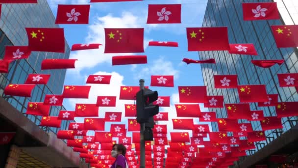 People Cross Street Flags People Republic China Hong Kong Sar — Stock Video