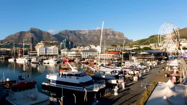 Elevated View Victoria Alfred Waterfront Table Mountain Background — Video