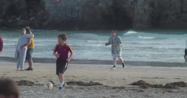 Little Boy Playing His Football Beach Perranporth Cornwall England — Stock video