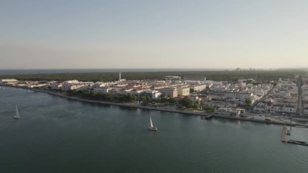 Aerial Guadiana River Boats Sailing Vila Real Santo Antonio Dolly — Stock Video