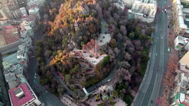 Aerial View Caupolican Terrace Santa Lucia Hill Covered Autumnal Trees — Stockvideo