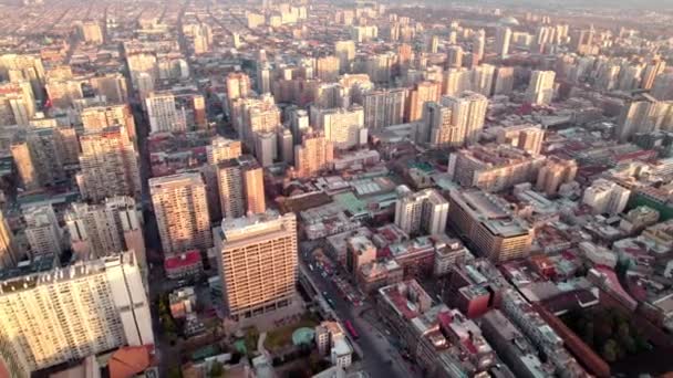 Aerial Dolly Downtown Santiago Crowded Neighborhood Buildings Golden Hour Chile — Video