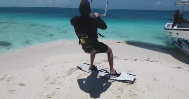 Kitesurfer Jump White Sand Beach Sail Blue Caribbean Sea Los — 图库视频影像