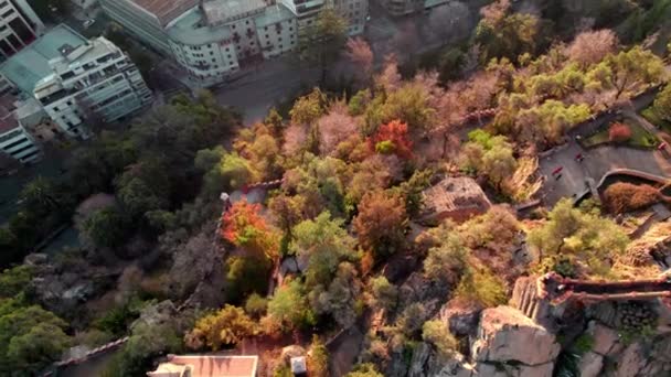 Aerial Top Rising Santa Lucia Hill Covered Autumnal Trees Traffic — Stockvideo