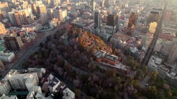 Aerial Orbit Hidalgo Castle Top Santa Lucia Hill Covered Autumnal — Stockvideo