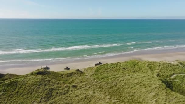 Aerial View Sand Dunes World War Bunkers Beach Views North — Stockvideo