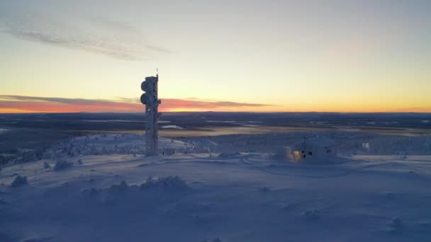 Aerial View Moving Sunrise Remote Nordic Lapland Cabin Communications Tower — 비디오