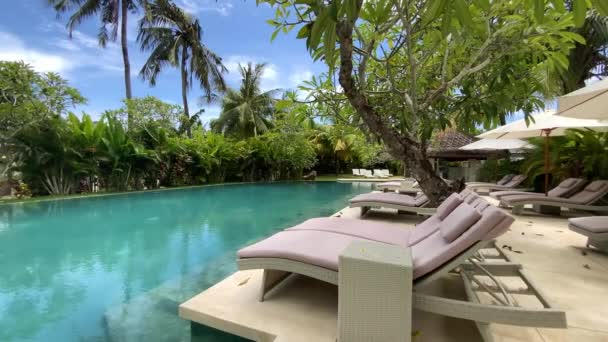 Row Empty Sun Loungers Swimming Pool Luxury Resort Kuta Lombok — Stockvideo