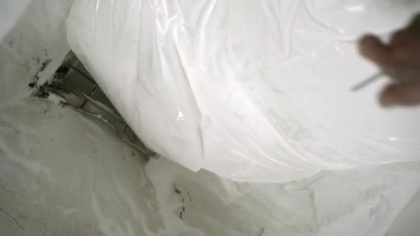 Worker Opens Bag Polymer Powder Manufacturing Plastic — Stockvideo